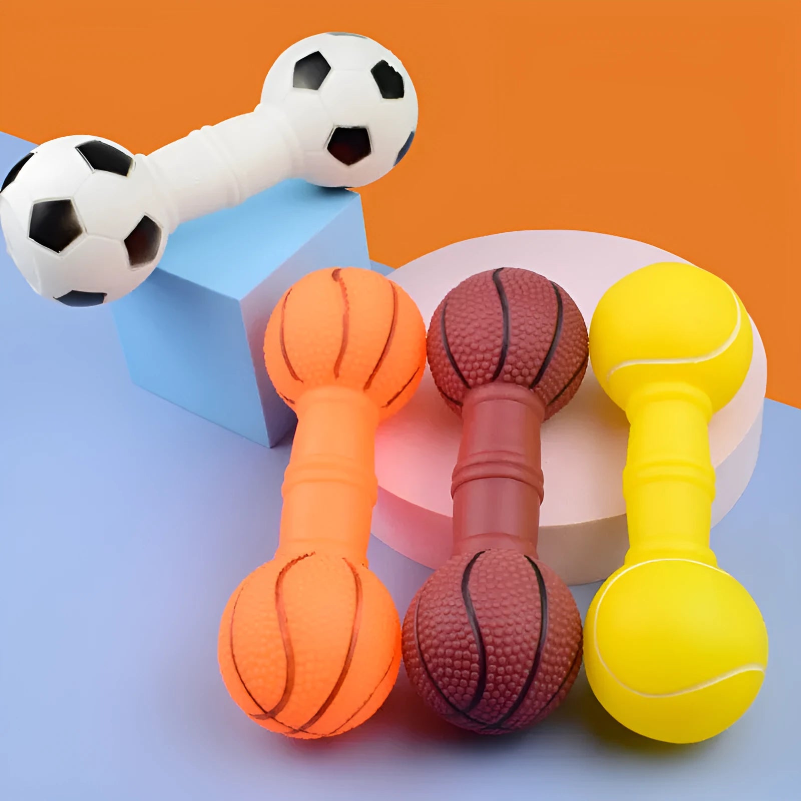 Football dumbbell shaped dog squeaky chew toy in multiple colours