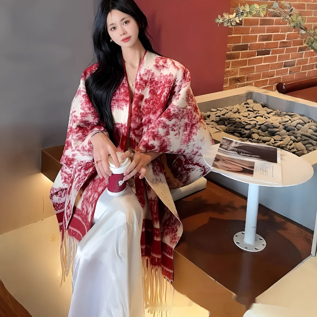 Women's lightweight polyester tassel scarf cape draped as a shawl in a picture colour
