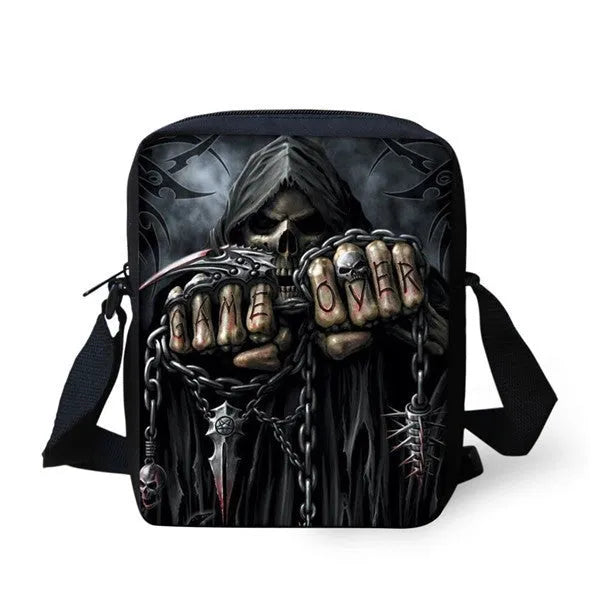 Children's medium messenger bag with skull design, showing adjustable straps and zip opening.