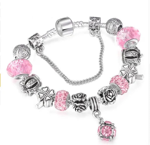 Multi-strand beaded bracelet with alloy, glazed, and crystal beads in six colour options and 18-21cm lengths