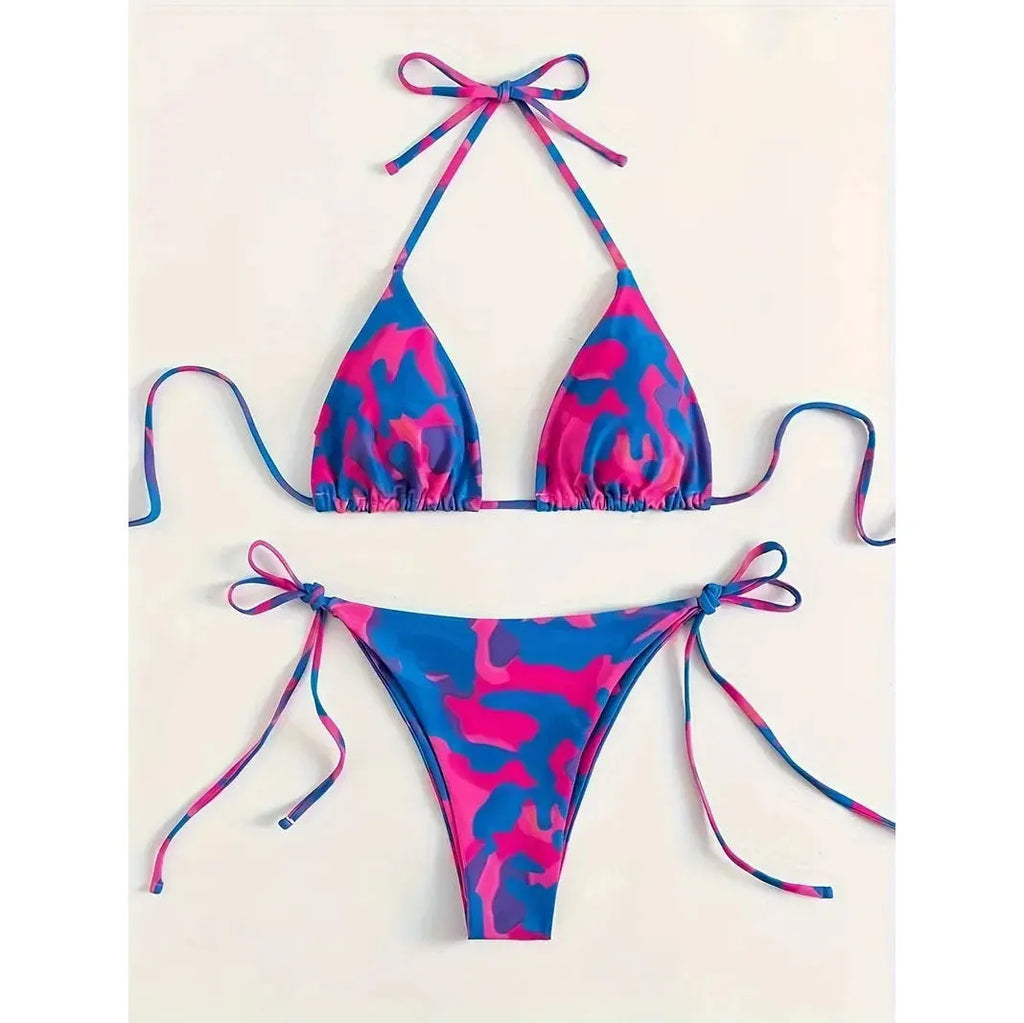 Women's camouflage halter bikini two-piece set in solid colour with adjustable ties, size range XS to 5XL