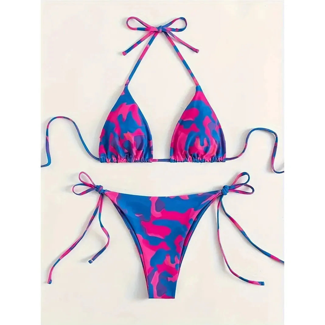 Women's camouflage halter bikini two-piece set in solid colour with adjustable ties, size range XS to 5XL