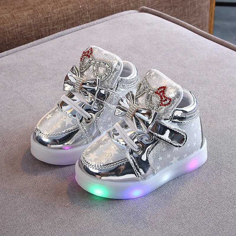 Golden, pink, and silvery LED button lights for children's shoes, sizes 21-30cm.