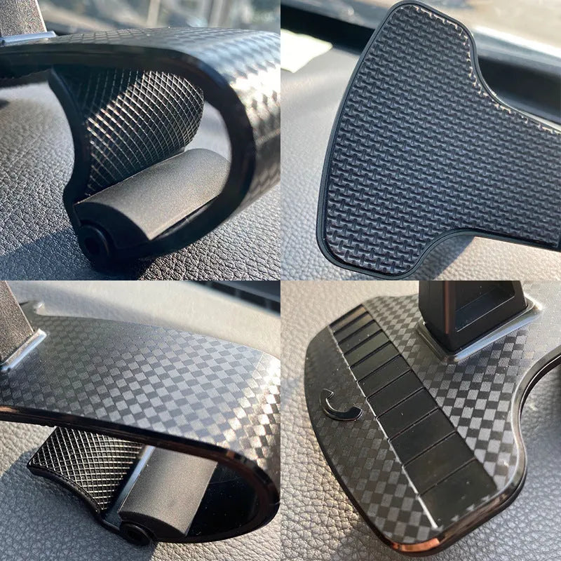 Black car phone stand with 360-degree rotating head and adjustable side grips for smartphones.