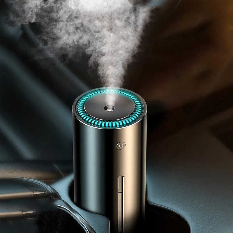 Black aluminium alloy car diffuser humidifier with USB cable, emitting a cool mist for air purification.
