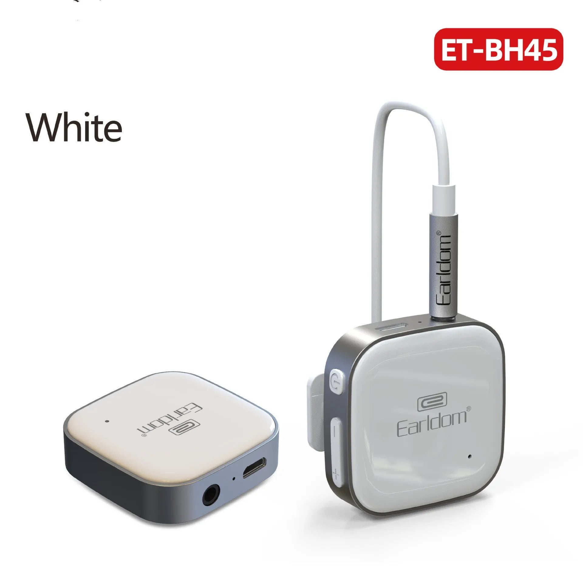 Black Bluetooth lavalier headset with microphone, showing wireless audio receiver unit.