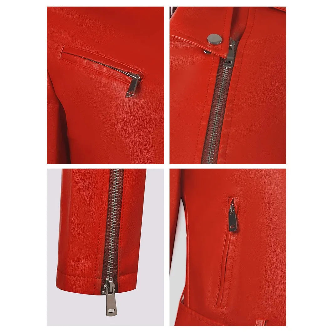 Women's black PU leather biker jacket with lapel collar and an adjustable waist belt on a hanger.