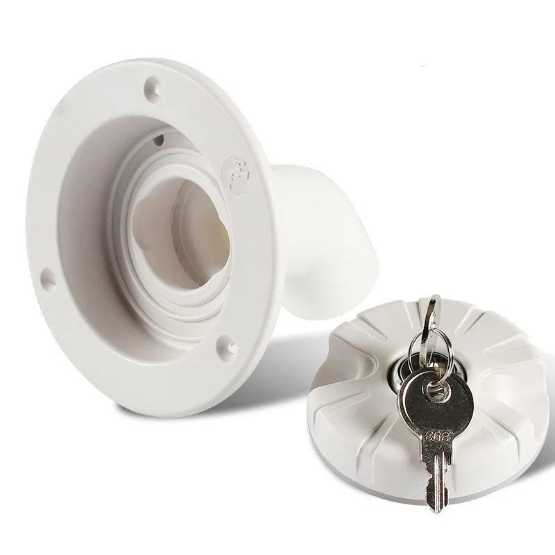 White RV gravity water filling port with 80mm hole size and 38mm pipe inner diameter mounted on panel