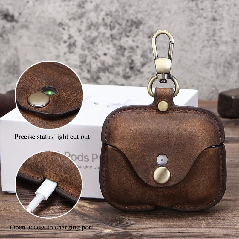 Brown leather clamshell case cover for Apple AirPods Pro with a vintage crazy horse pattern texture.