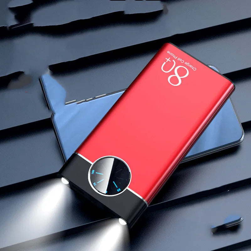 20000mAh alloy fast charging power bank in black, red, and blue colours with LED flashlight