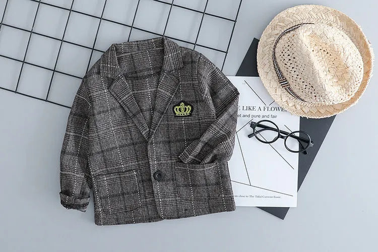Children's knitted cotton three-piece suit in coffee colour showing trousers, jacket, and shirt