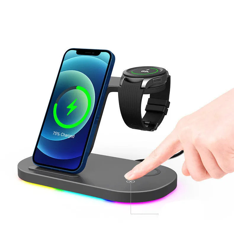 Three-in-one fast wireless charging station for mobile phones, smartwatches, and headphones in black or white