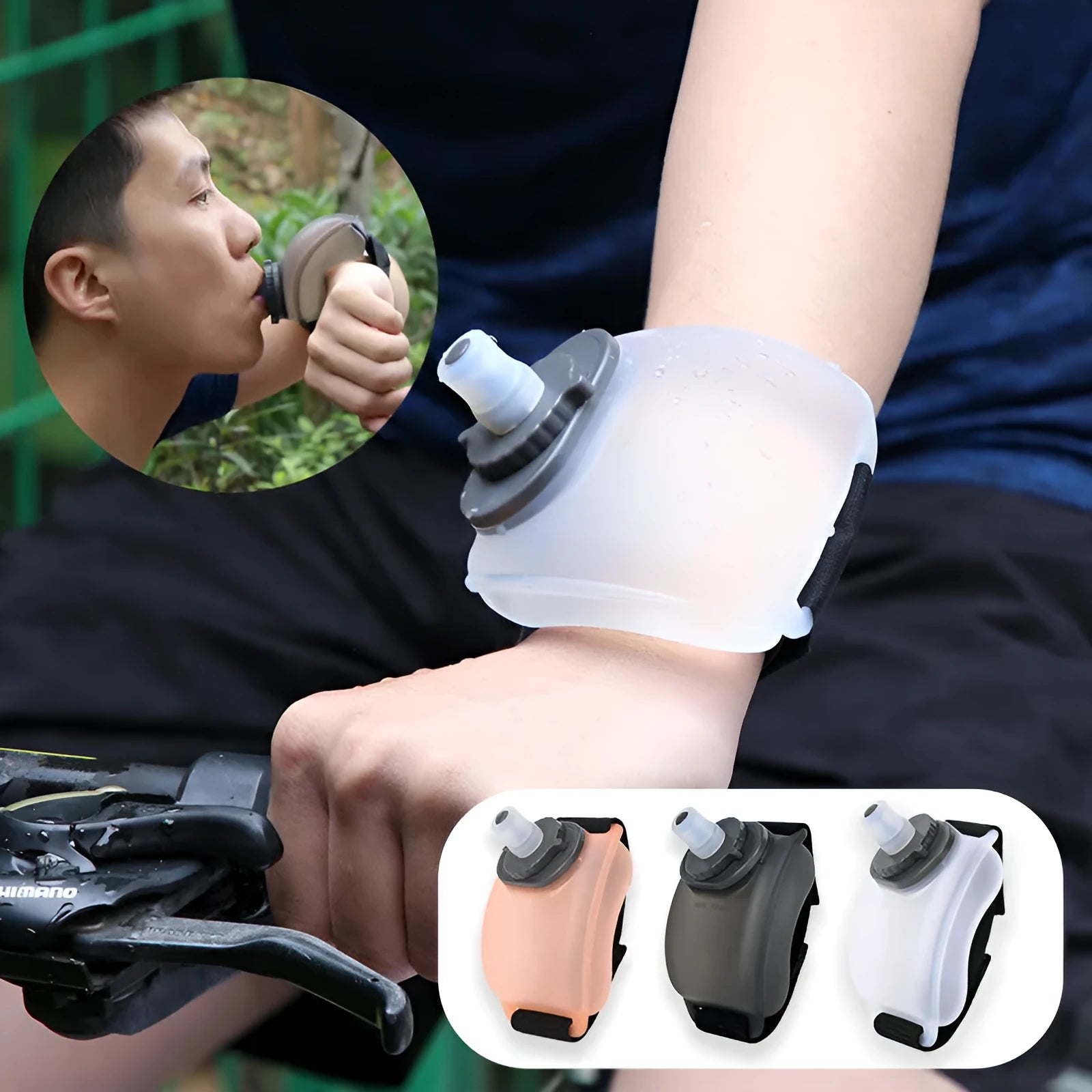 Orange running wrist water bottle with Velcro strap, shown on a person's wrist during exercise.