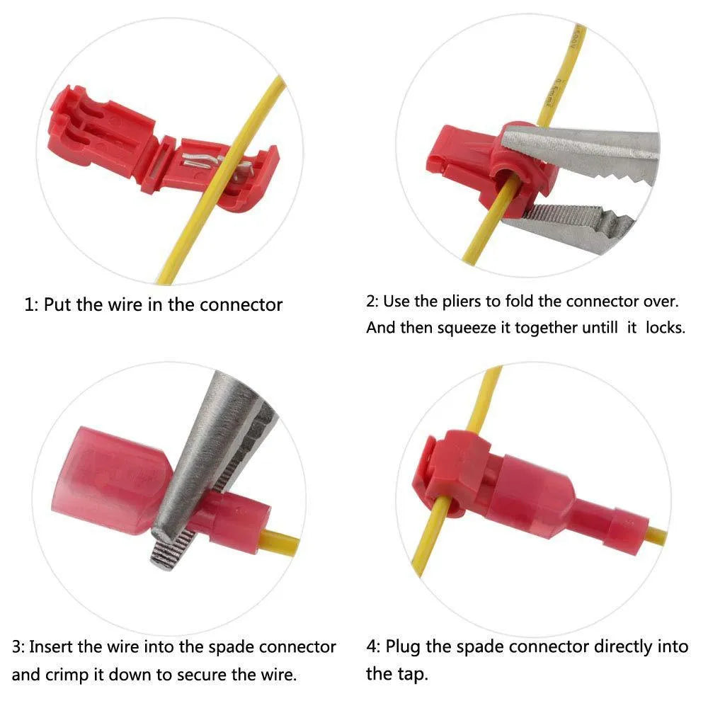 Quick connection box terminal set with red, blue, and yellow male spade and quick connectors in three sizes