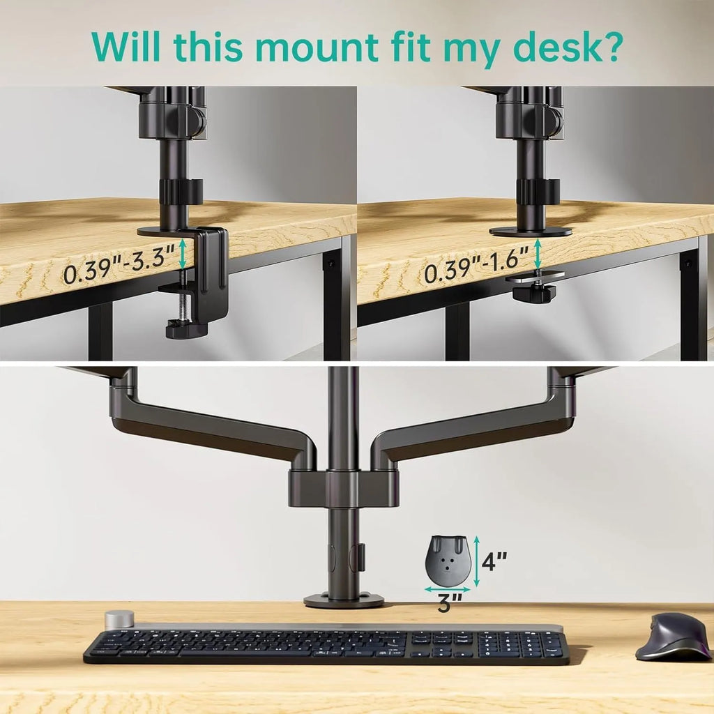 Black triple-arm gas spring computer monitor mount for 13-27 inch screens with aluminium alloy construction