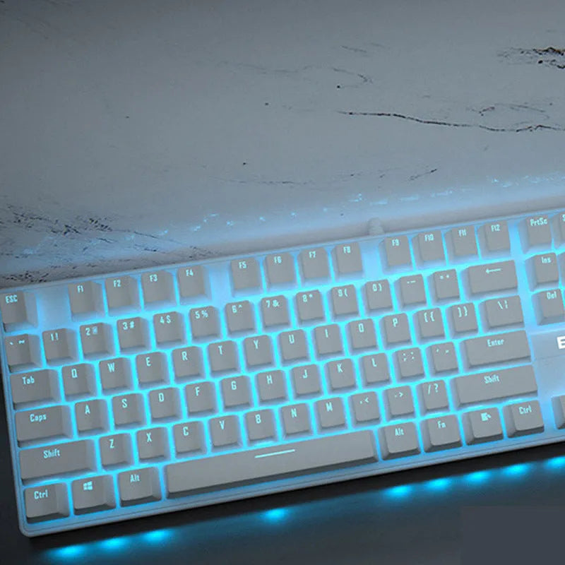 Pink 104-key mechanical keyboard with USB cable, showing full key layout.