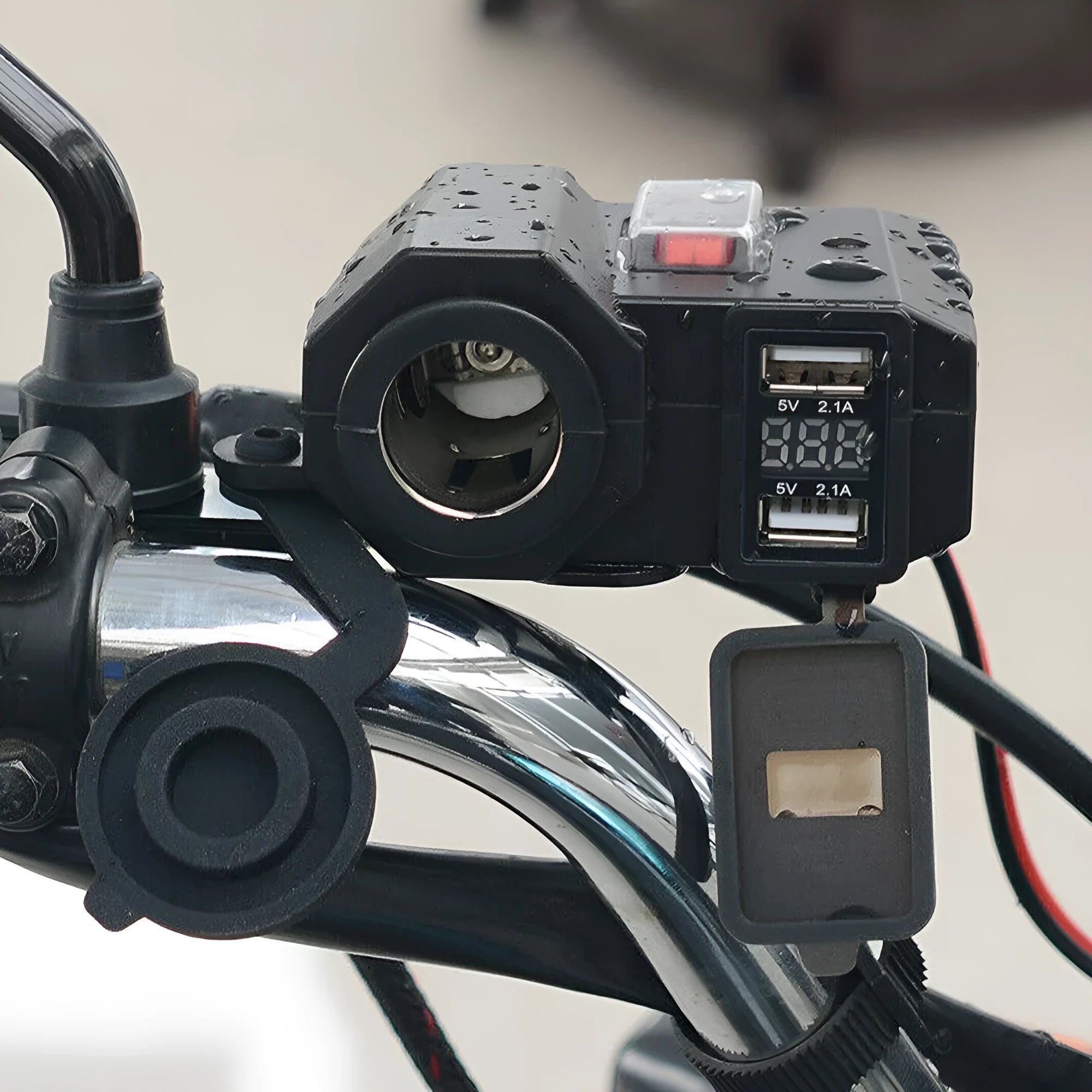 Motorcycle USB waterproof car charger with dual ports voltmeter and cigarette lighter black