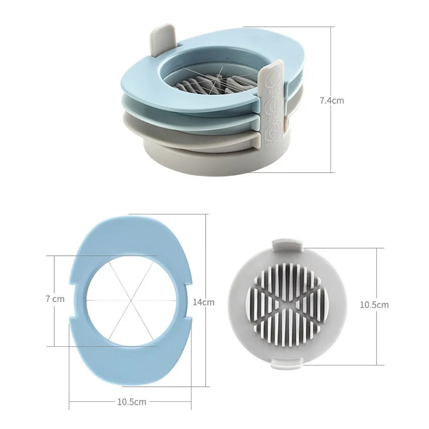 Manual three-in-one egg cutter in blue, orange and red with stainless steel blades and stackable design