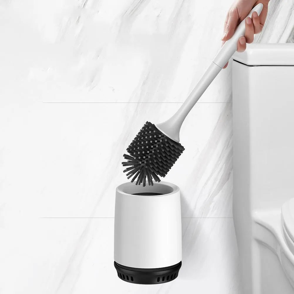 White and black non-stick TPR toilet brush with hollowed plastic body, 41cm tall, floor standing style