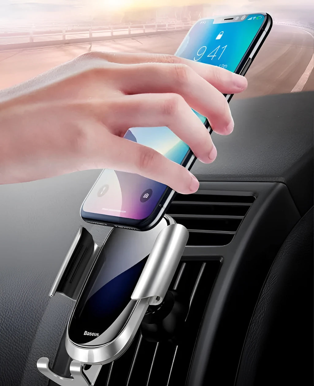 Universal smart car bracket mobile phone holder showing 360-degree rotation and adjustable clamping arms