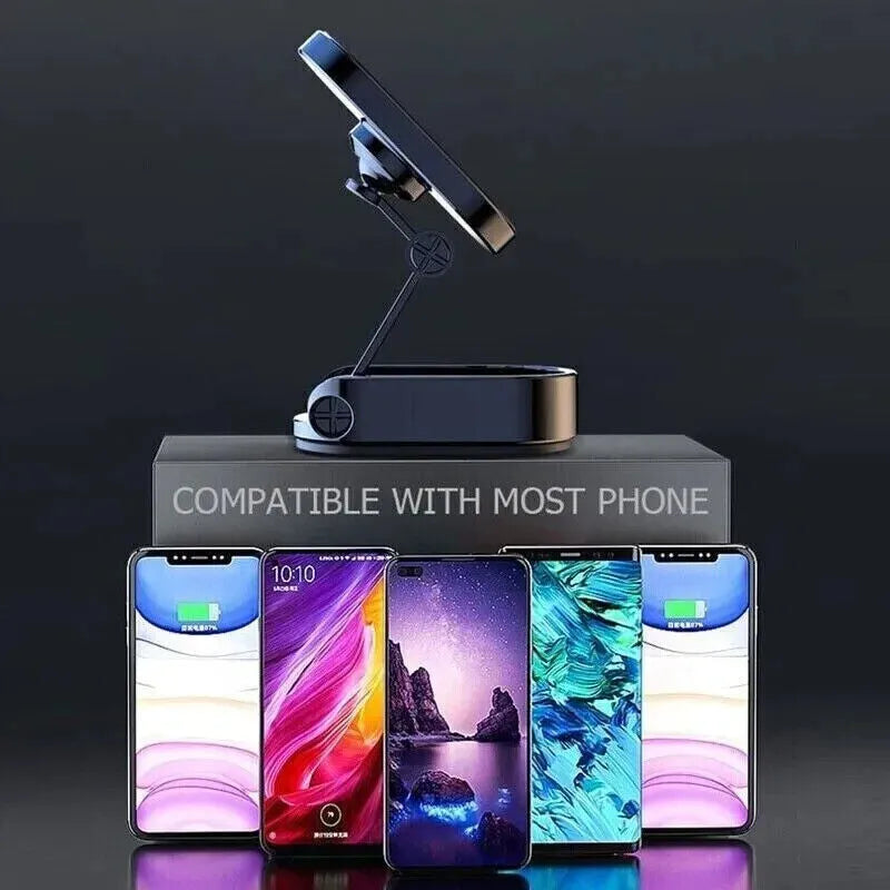 Chrome magnetic car phone holder with foldable bracket on a dashboard