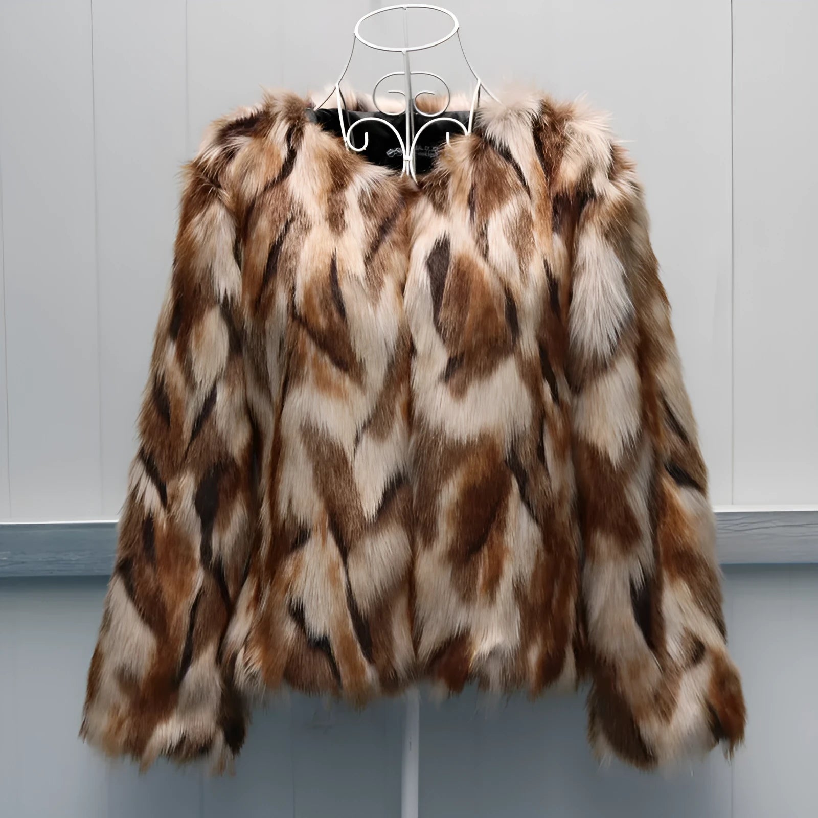 Korean slim-fit women's faux fur coat in picture colour, shown at hip length.