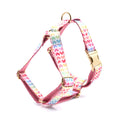 Pink colourful heart stone dog harness with gold buckle on a polyester chest and back strap.