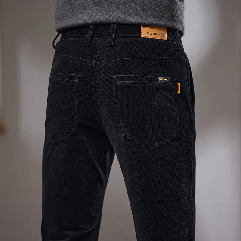 Slim fit straight corduroy trousers in cotton for men, mid waist, available in black, dark gray, navy blue, brown