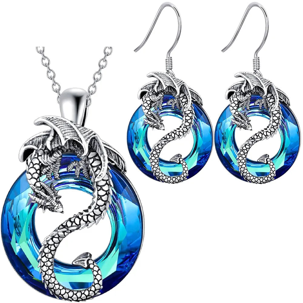Hollow crystal ring flying dragon alloy necklace and earrings set with O-ring chain