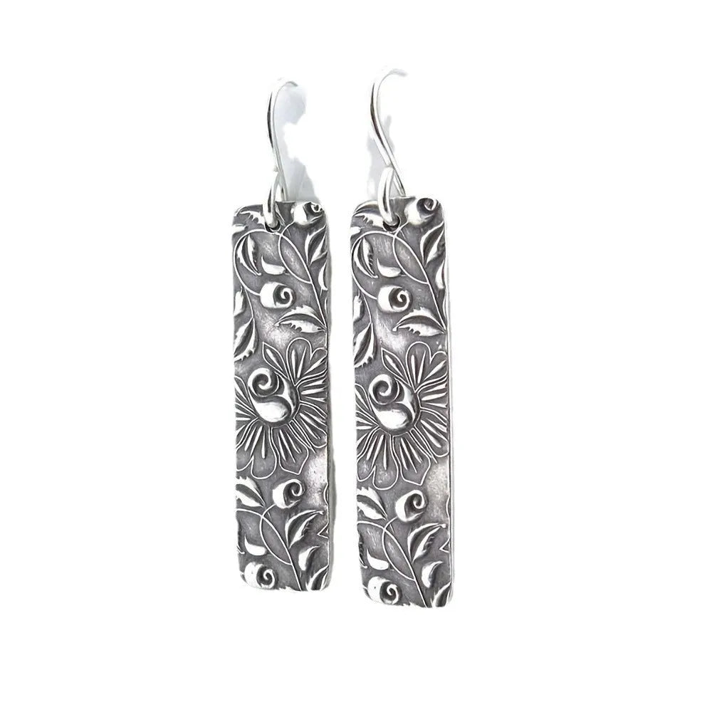 Silver geometric long earrings with carved vine design in retro European style