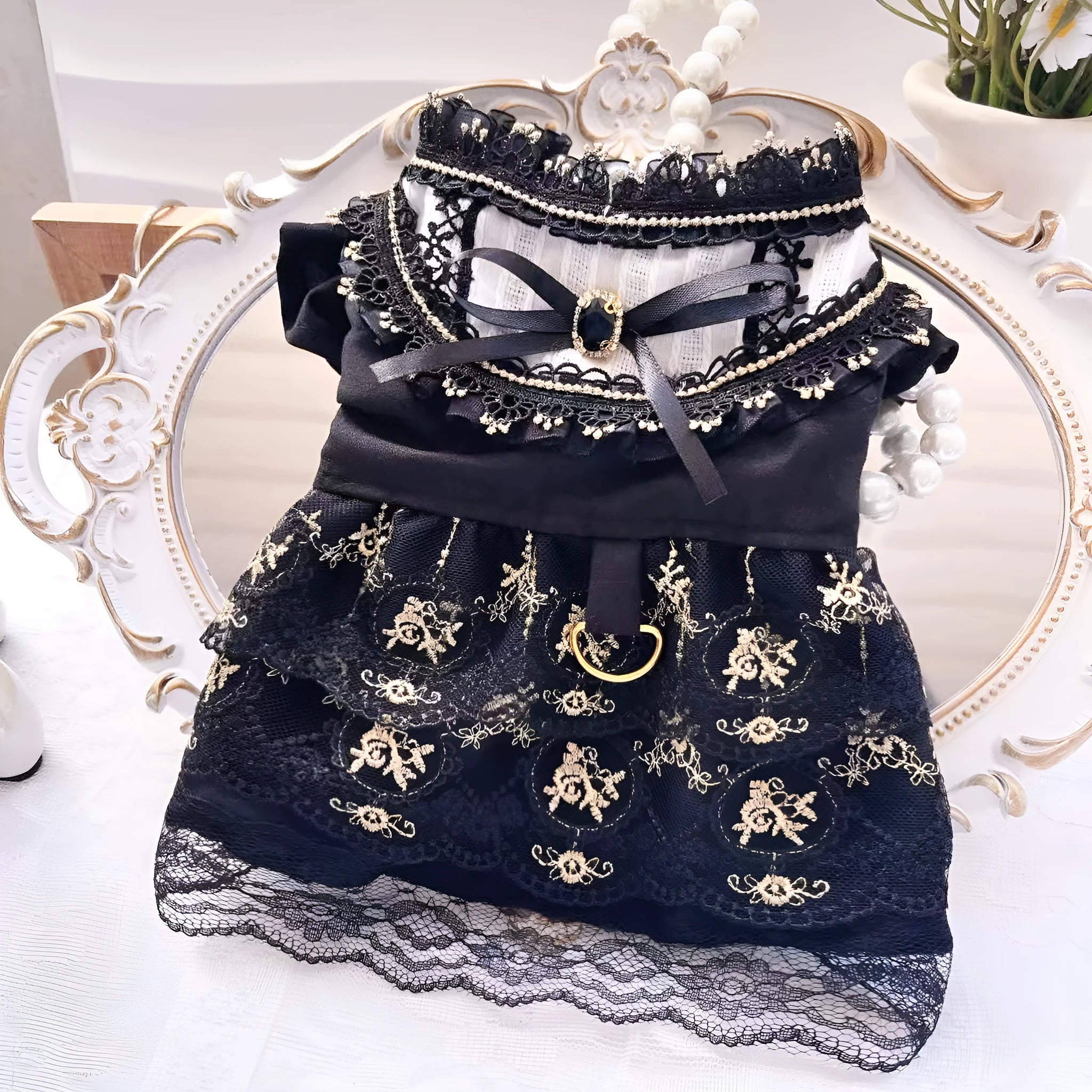 Golden gothic-style skirt outfit on a small dog, showing princess cut and sizing for pets.