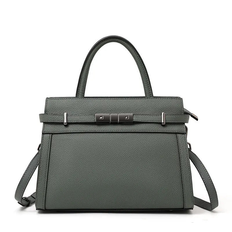 Women's horizontal square genuine leather crossbody bag with visible stitching, shown in multiple colour options.
