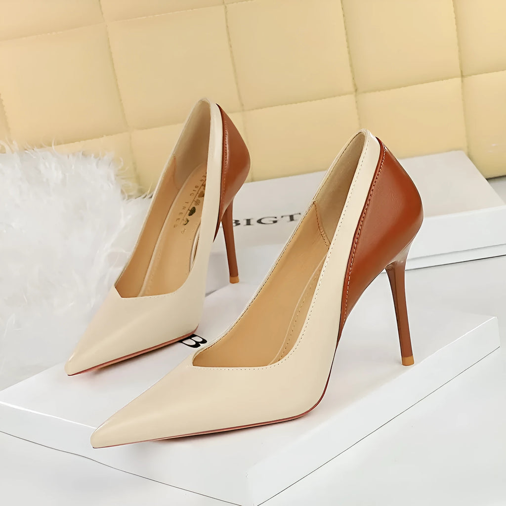 Retro style women's high heel pumps with 8cm stiletto heel and pointed toe in black or beige