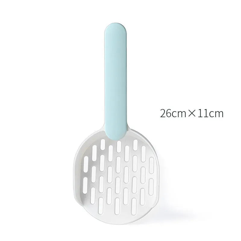 Blue plastic cat litter shovel with angled handle on a white background.