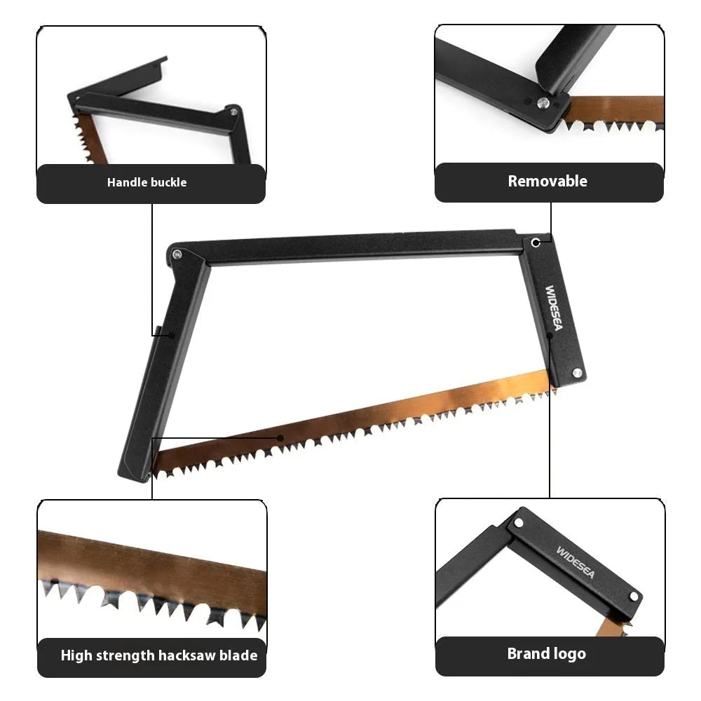Black outdoor foldable saw with a PA66 nylon handle shown in both open and closed positions.