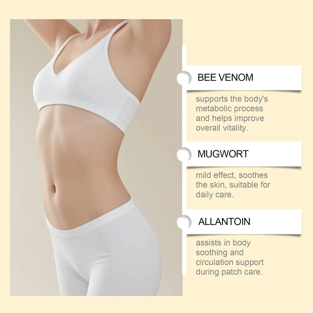 A pack of 10 herbal body shaping navel stickers featuring bee venom and argy wormwood.