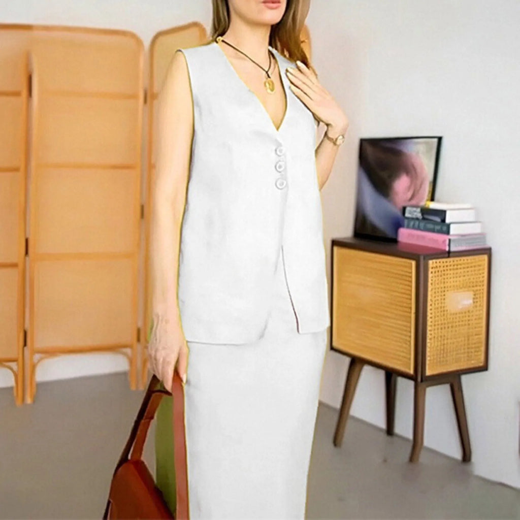 A woman's blue sleeveless vest and long skirt two-piece suit on a hanger.