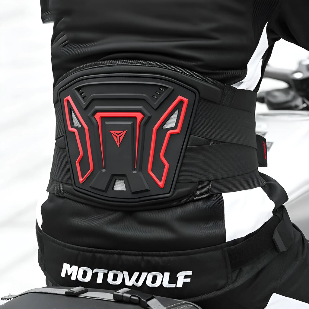 MDL1028 motorcycle waist support harness in black or red colour with adjustable sizing