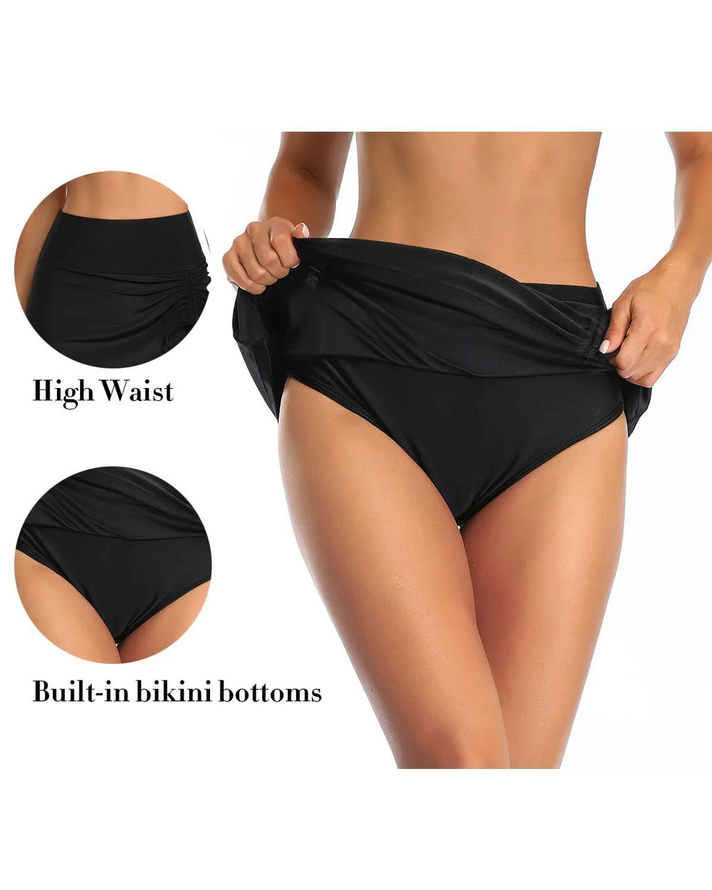 Women's solid colour lace-trimmed polyester swimming trunks in a briefs style on a white background.