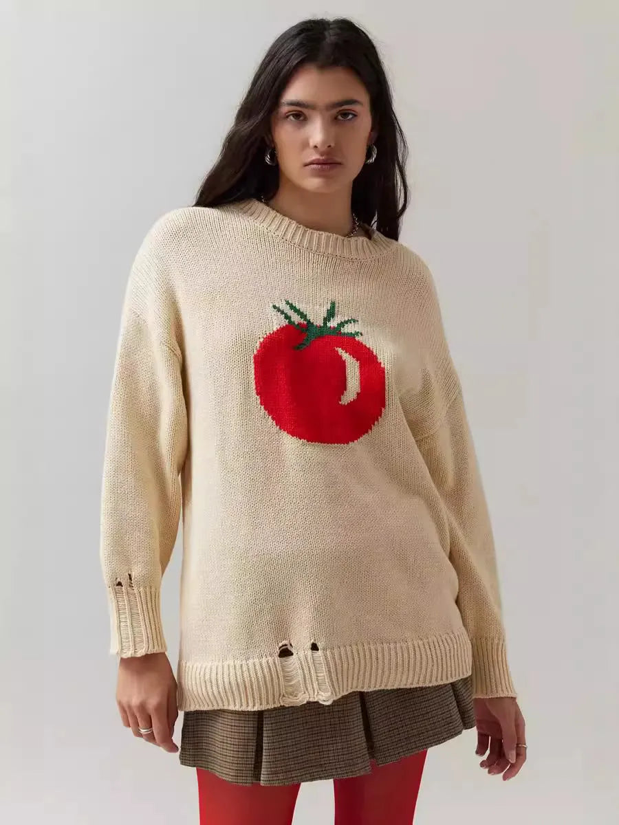 Women's milky white beige acrylic jacquard pullover sweater with round neck and long sleeves