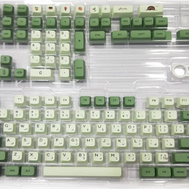 124-key matcha green PBT keycap set showing multiple international language layouts including Arabic and Korean.