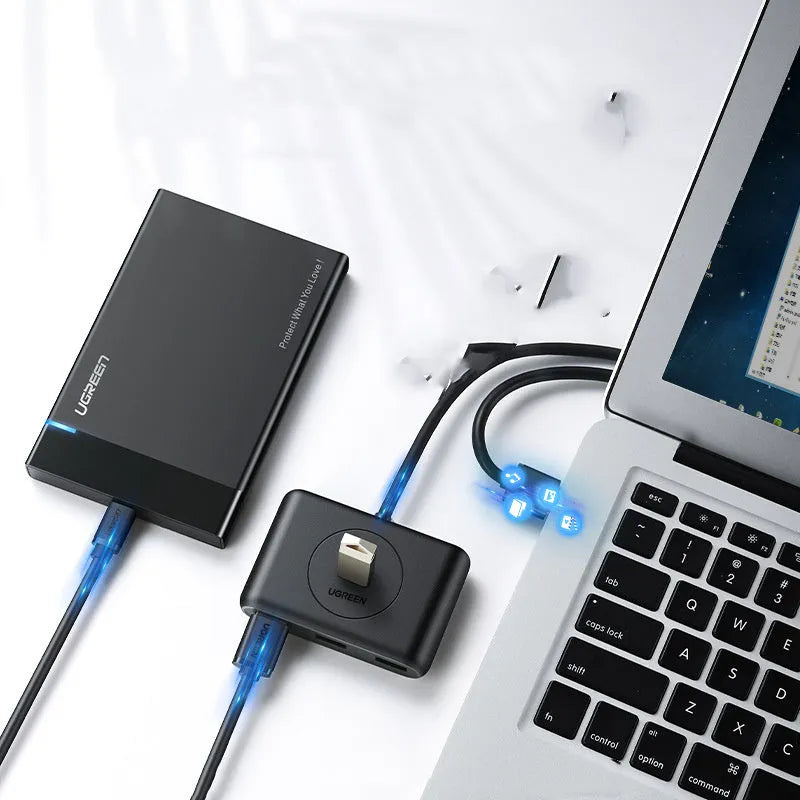 Black USB 3.0 extender adapter hub with plug, shown with length options for computer connectivity.