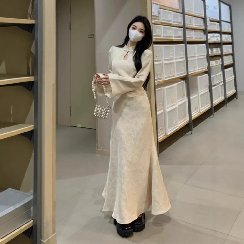 Plus size women's black cheongsam dress with waist-tight draping effect, long sleeves, hip skirt, milk silk fabric