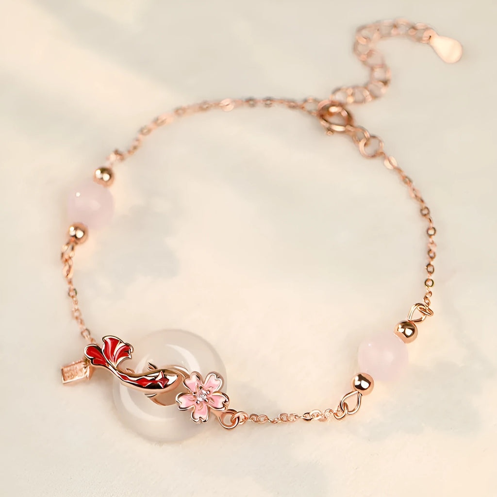 S925 sterling silver bracelet with Chinese flower designs, koi pattern and white chalcedony crystals
