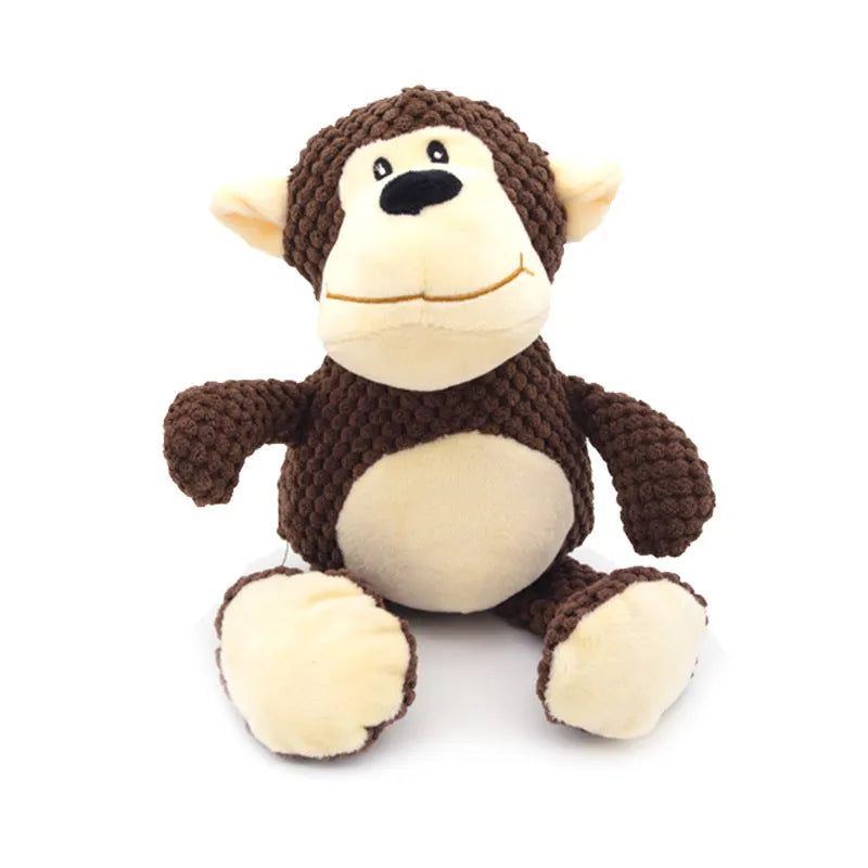 Plush squeaky dog toy in animal shape for chewing and teeth cleaning