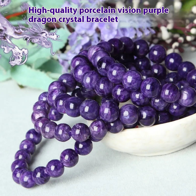 Natural transparent charoite crystal bracelet with platinum setting, shown in different bead sizes.