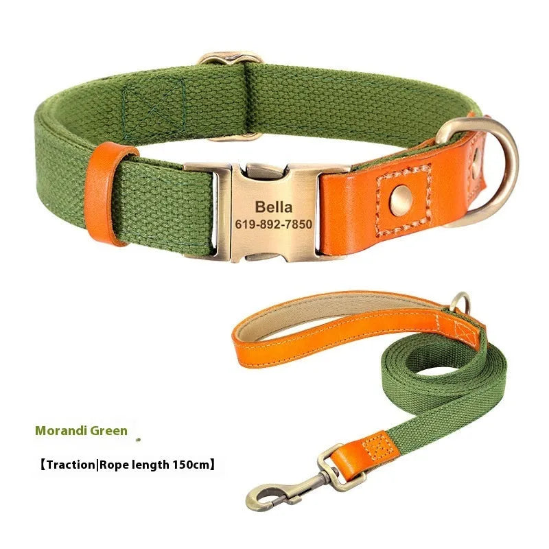 Small dog mohair collar and leash set in green with lettering, showing neck ring and traction rope.