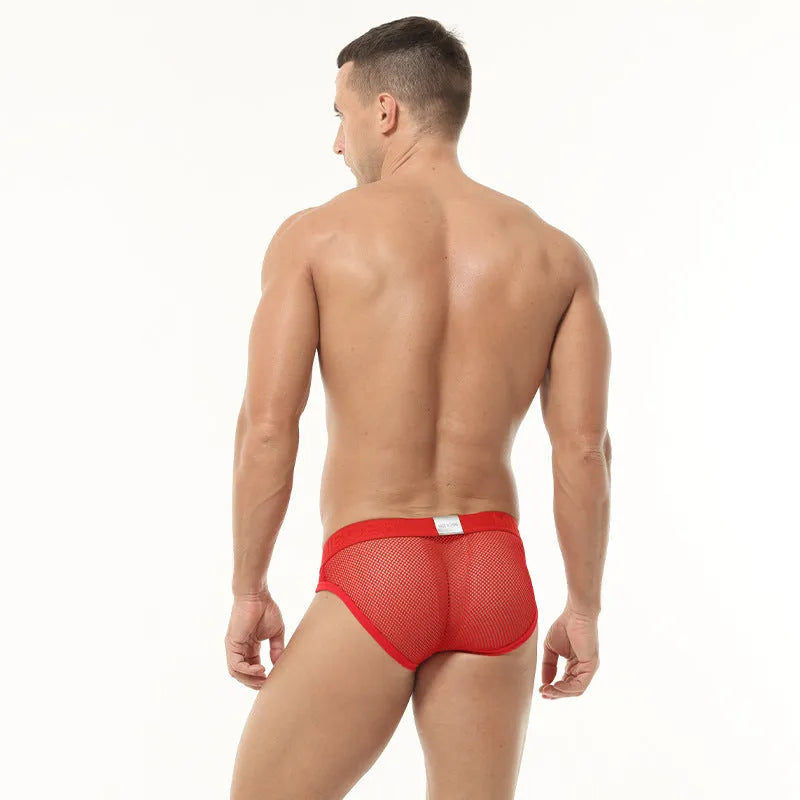 Men's low waist briefs in black high elastic mesh fabric laid flat
