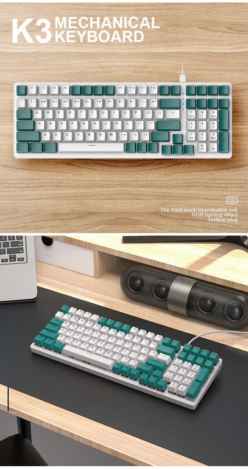 Wired mechanical keyboard with 100 keys made of ABS plastic, featuring USB cable and blue switches for computer gaming