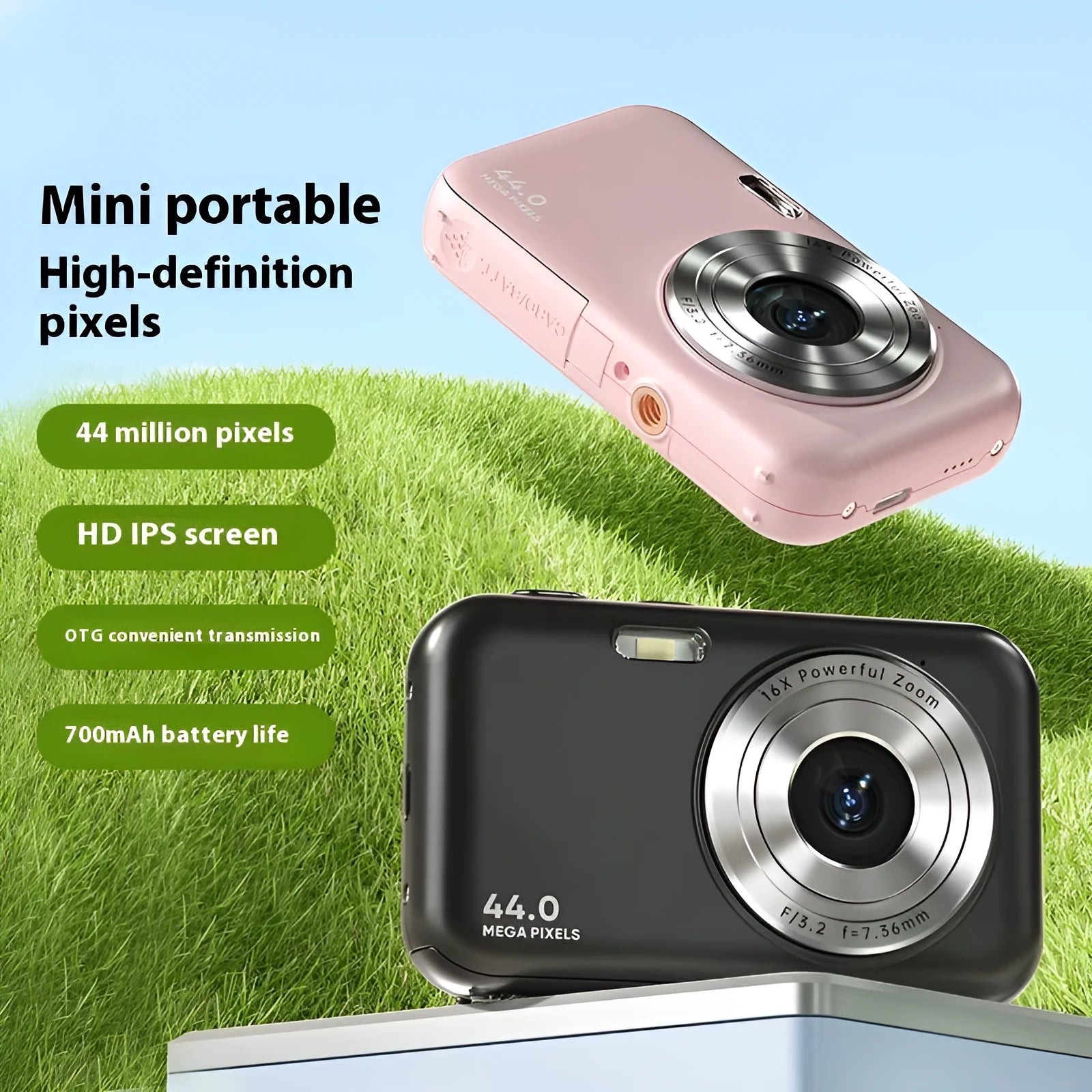 Children's digital camera in purple showing its 2.4-inch screen and lens.